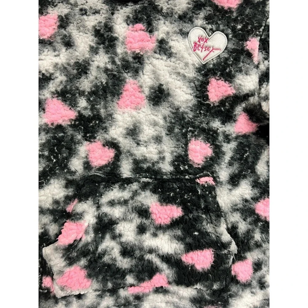 Betsey Johnson Hoodie Girls Size 7/8 Black Gray Pink Hearts Sherpa